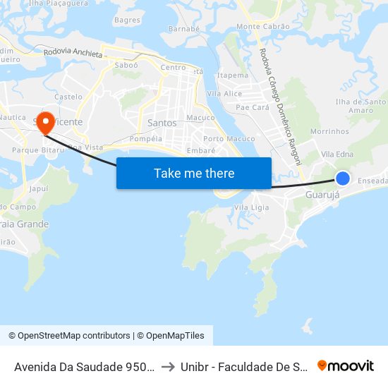 Avenida Da Saudade 950 - Vila Júlia to Unibr - Faculdade De São Vicente map