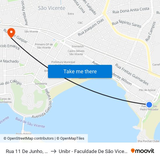 Rua 11 De Junho, 25 to Unibr - Faculdade De São Vicente map