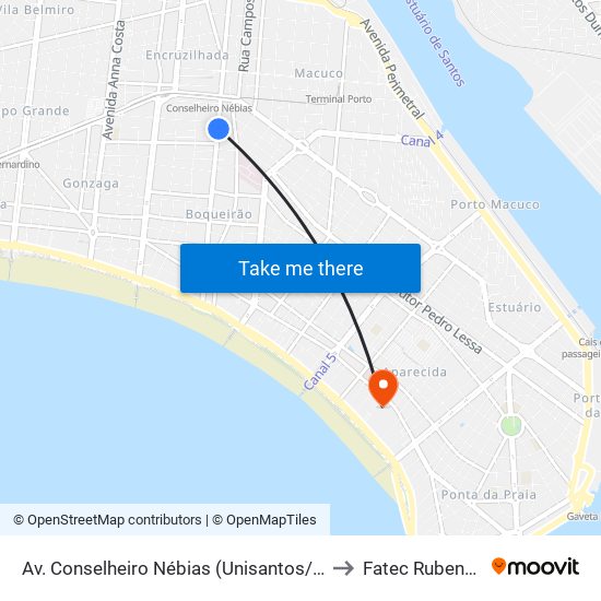 Av. Conselheiro Nébias (Unisantos/Boqueirão) to Fatec Rubens Lara map