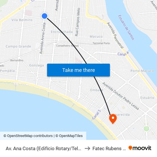 Av. Ana Costa (Edifício Rotary/Telhanorte) to Fatec Rubens Lara map