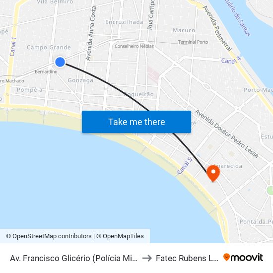 Av. Francisco Glicério (Polícia Militar) to Fatec Rubens Lara map