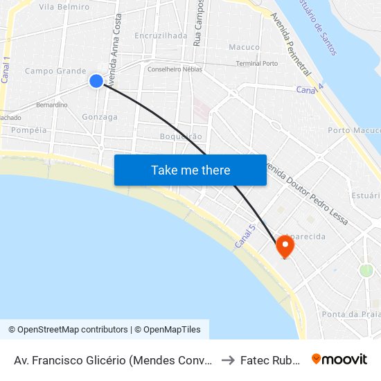 Av. Francisco Glicério (Mendes Convention Center/Extra) to Fatec Rubens Lara map