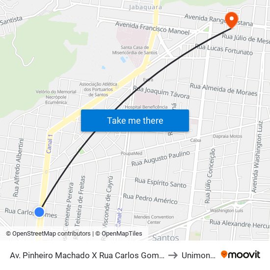 Av. Pinheiro Machado X Rua Carlos Gomes to Unimonte map