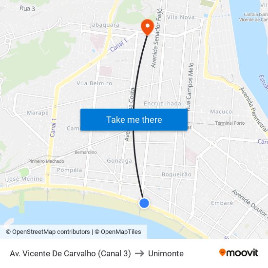 Av. Vicente De Carvalho (Canal 3) to Unimonte map