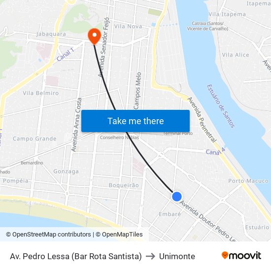 Av. Pedro Lessa (Bar Rota Santista) to Unimonte map