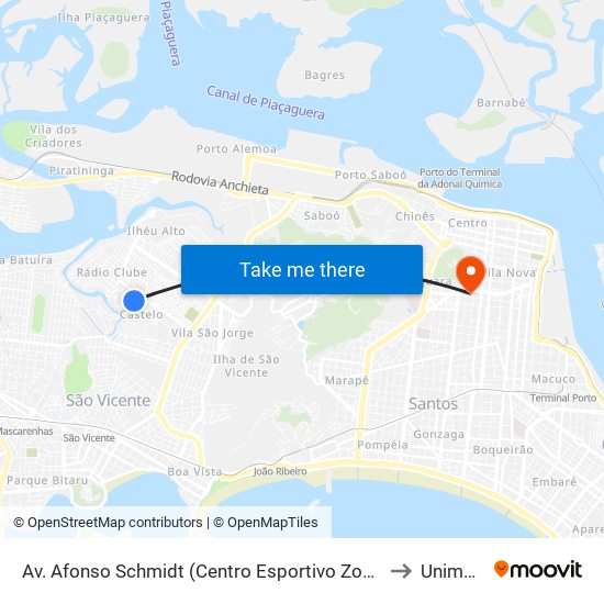 Av. Afonso Schmidt (Centro Esportivo Zona Noroeste) to Unimonte map
