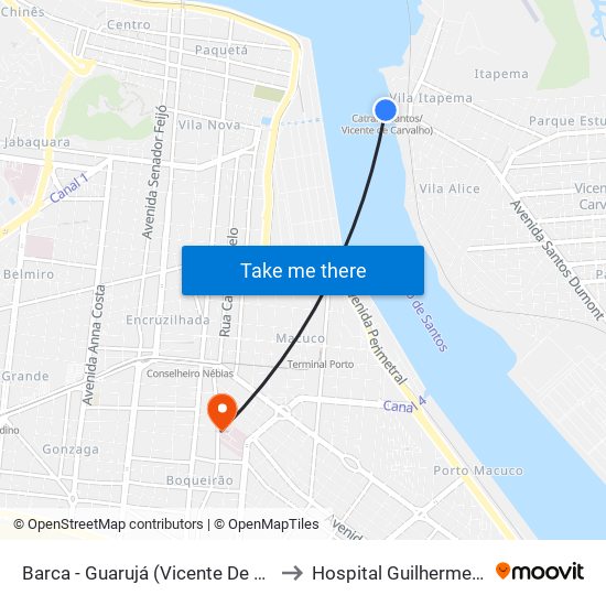 Barca - Guarujá (Vicente De Carvalho) to Hospital Guilherme Álvaro map