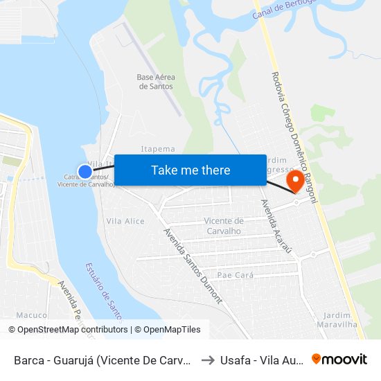 Barca - Guarujá (Vicente De Carvalho) to Usafa - Vila Aurea map