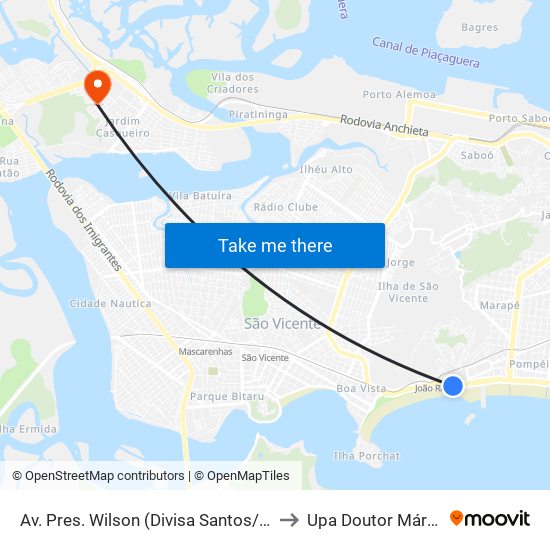 Av. Pres. Wilson (Divisa Santos/São Vicente) to Upa Doutor Mário Ruivo map