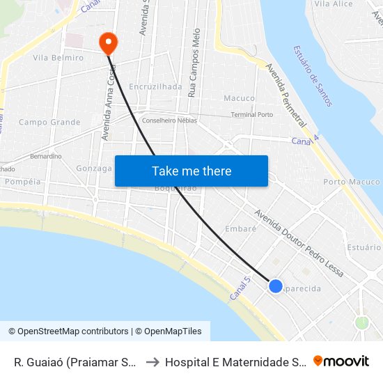 R. Guaiaó (Praiamar Shopping) to Hospital E Maternidade São Lucas map