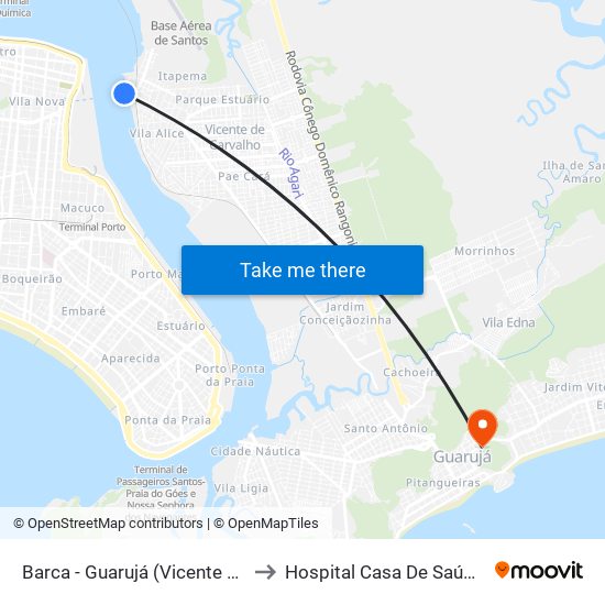 Barca - Guarujá (Vicente De Carvalho) to Hospital Casa De Saúde - Guarujá map