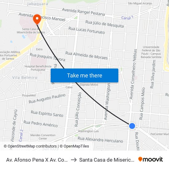 Av. Afonso Pena X Av. Conselheiro Nébias to Santa Casa de Misericórdia de Santos map