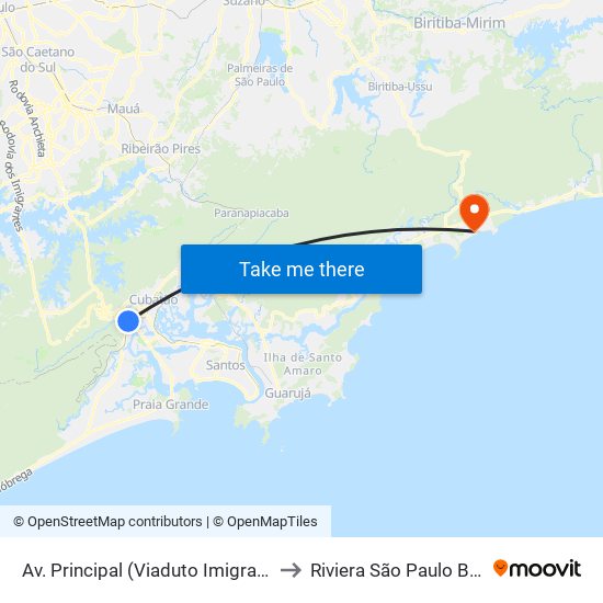 Av. Principal (Viaduto Imigrantes) to Riviera São Paulo Brazil map