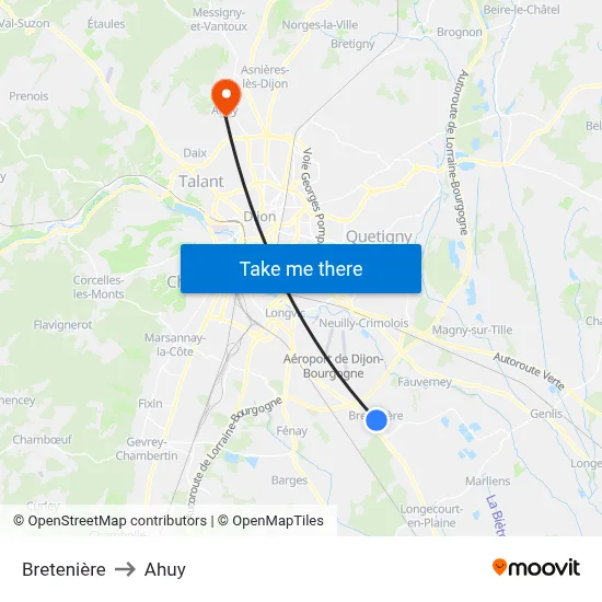 Bretenière to Ahuy map