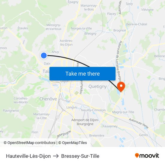 Hauteville-Lès-Dijon to Bressey-Sur-Tille map