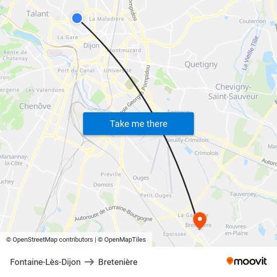 Fontaine-Lès-Dijon to Bretenière map