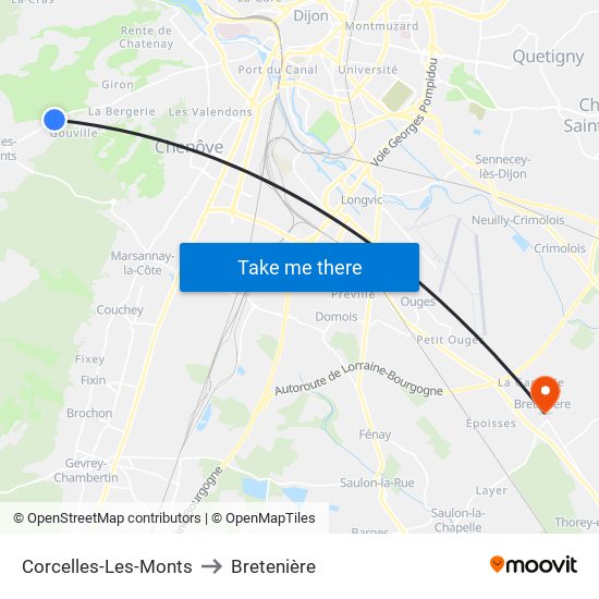 Corcelles-Les-Monts to Bretenière map