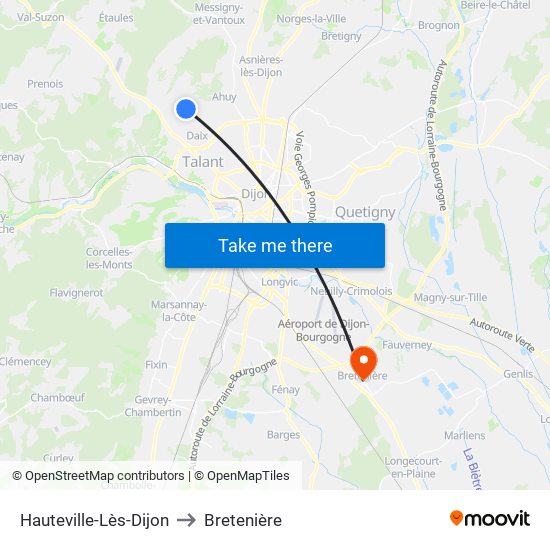 Hauteville-Lès-Dijon to Bretenière map