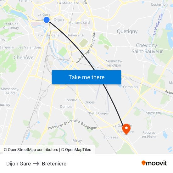 Dijon Gare to Bretenière map