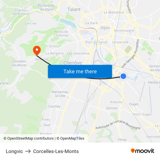 Longvic to Corcelles-Les-Monts map