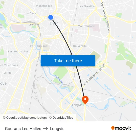 Godrans Les Halles to Longvic map