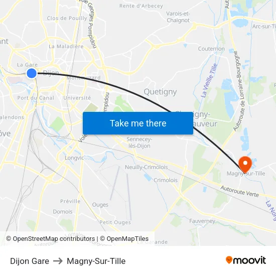 Dijon Gare to Magny-Sur-Tille map