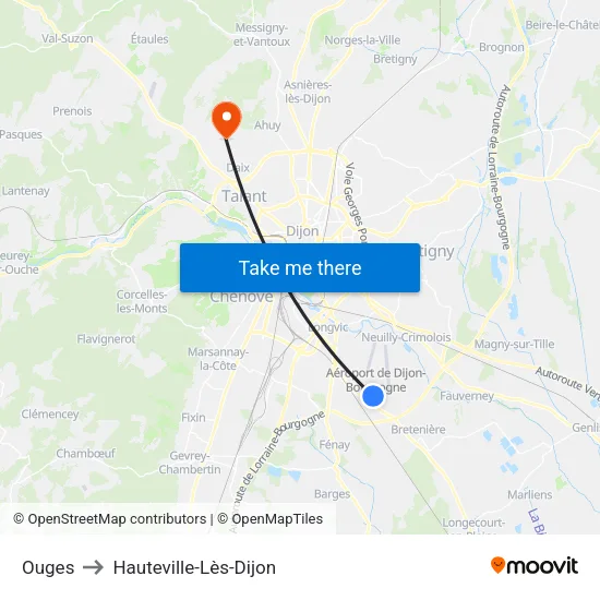 Ouges to Hauteville-Lès-Dijon map
