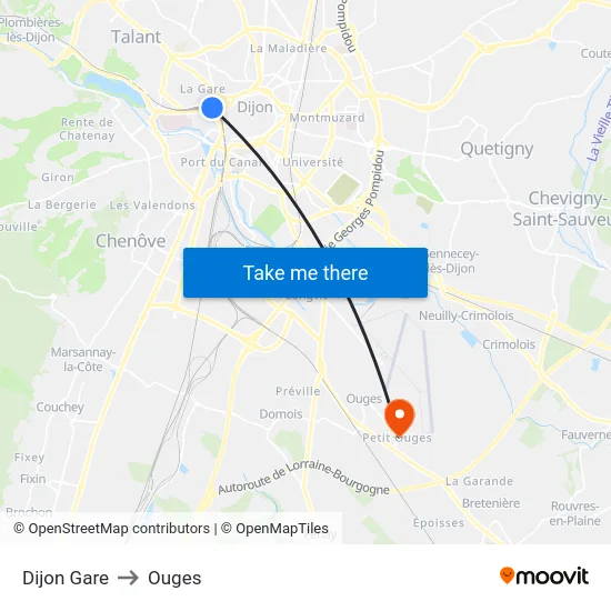Dijon Gare to Ouges map