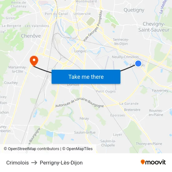 Crimolois to Perrigny-Lès-Dijon map