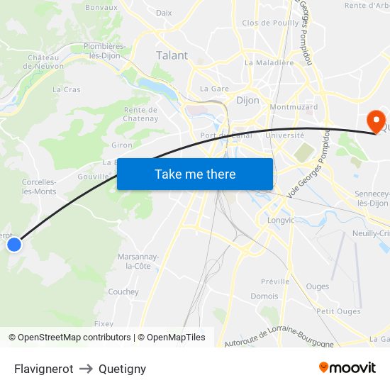 Flavignerot to Quetigny map