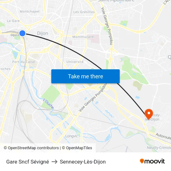 Gare Sncf Sévigné to Sennecey-Lès-Dijon map