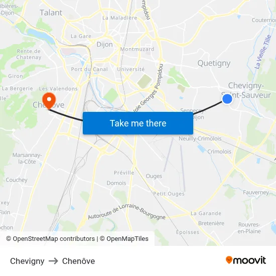 Chevigny to Chenôve map