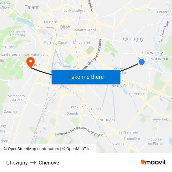 Chevigny to Chenôve map