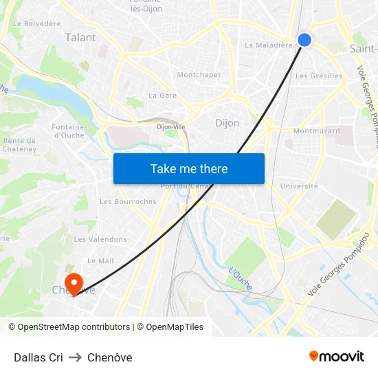 Dallas Cri to Chenôve map