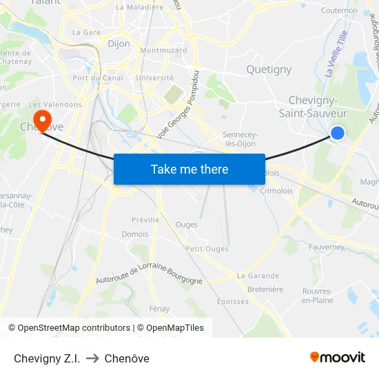 Chevigny Z.I. to Chenôve map