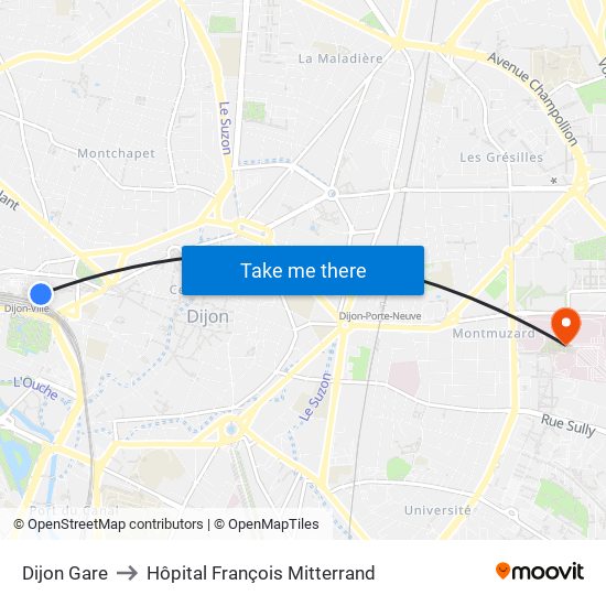 Dijon Gare to Hôpital François Mitterrand map