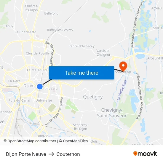 Dijon Porte Neuve to Couternon map