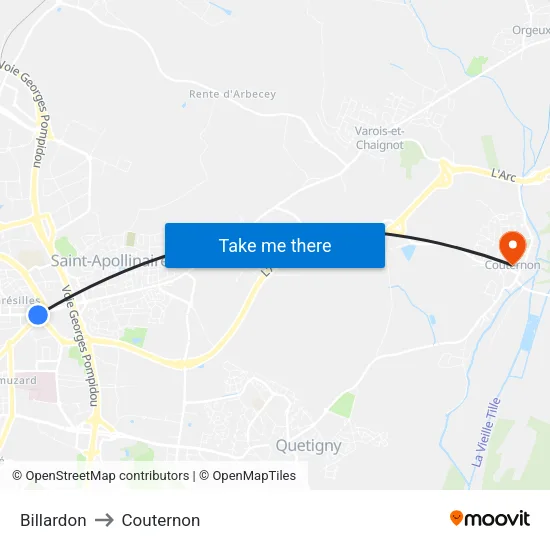 Billardon to Couternon map