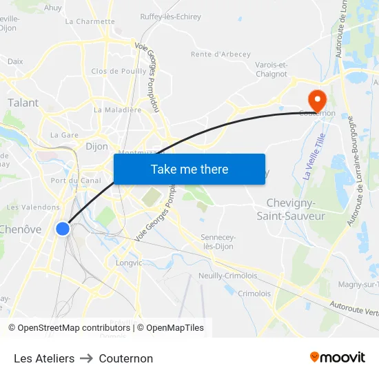 Les Ateliers to Couternon map