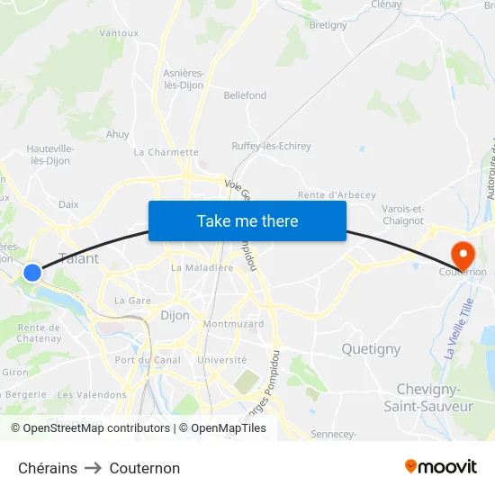 Chérains to Couternon map