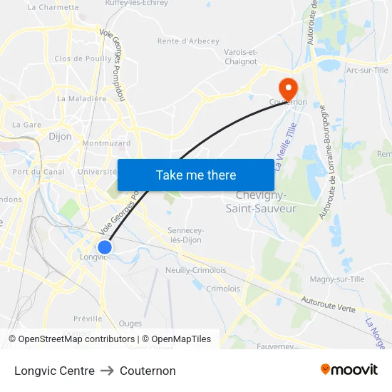 Longvic Centre to Couternon map