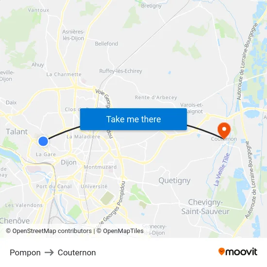 Pompon to Couternon map