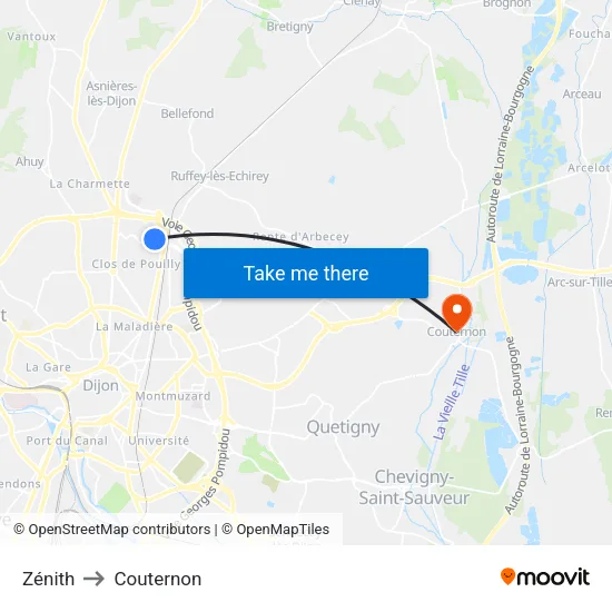 Zénith to Couternon map