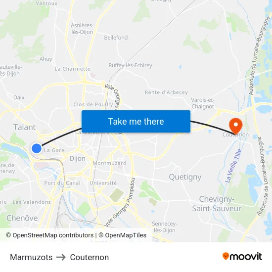 Marmuzots to Couternon map