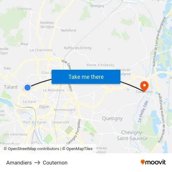 Amandiers to Couternon map