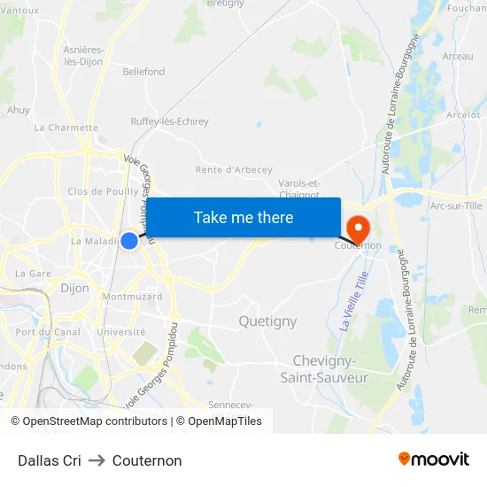Dallas Cri to Couternon map