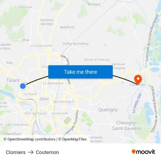 Clomiers to Couternon map