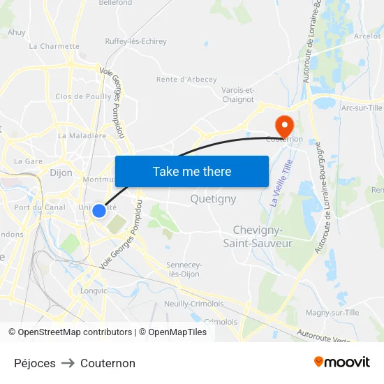 Péjoces to Couternon map