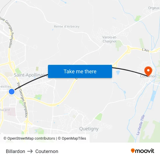 Billardon to Couternon map