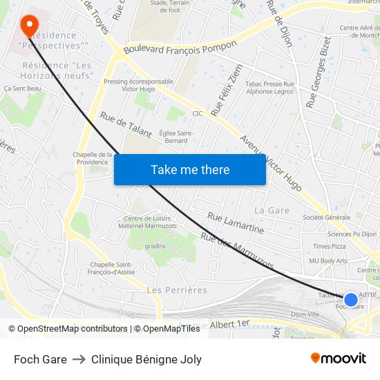 Foch Gare to Clinique Bénigne Joly map